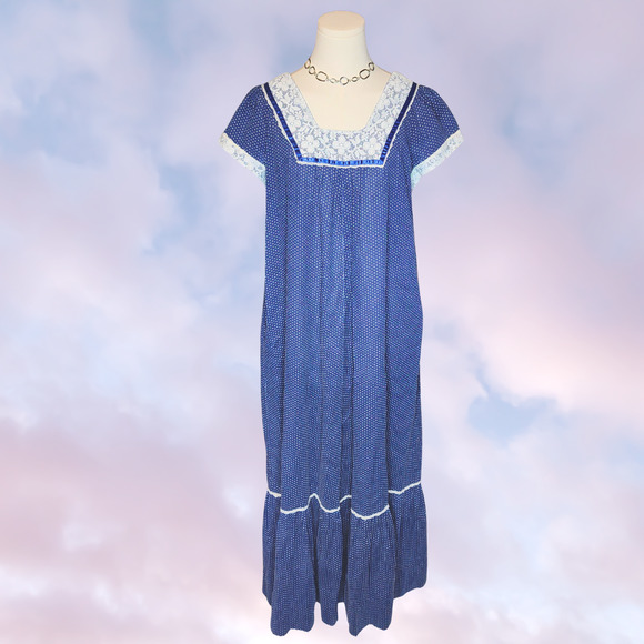 Vintage Dresses & Skirts - Vtg 70s Nalii Honolulu Navy Blue Polka Maxi Hawaiian Cottage Core Prairie